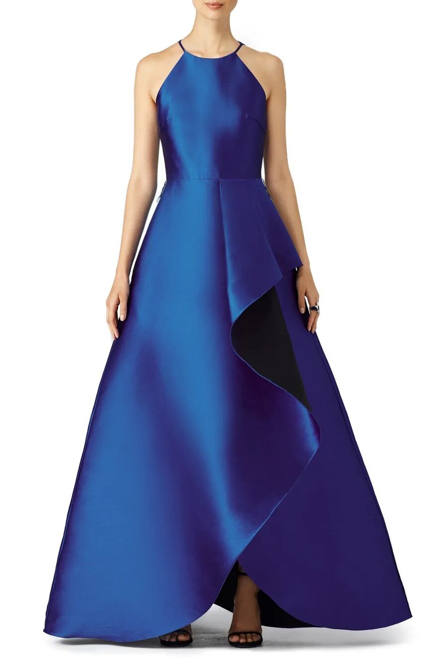 Badgley Mischka Royal Blue and Black Reverse Ruffle Structural Gown Sz 4